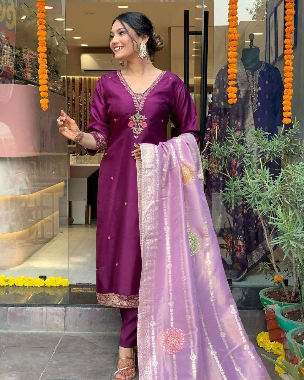 The52 Women's Beautiful Chanderi Fabric Embroidery Work Flared Kurta Pant and Dupatta Set - Distacart