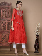 Myshka Women's Red Anarkali Kurta & With Dupatta