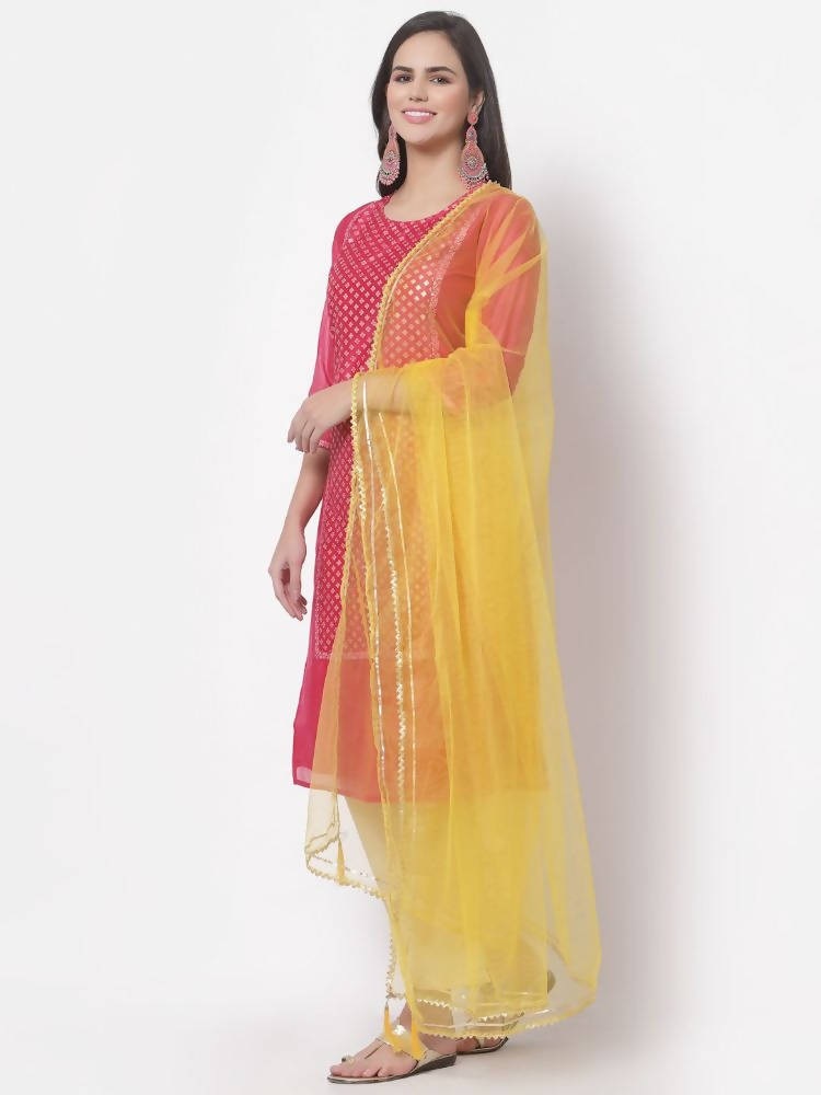 Myshka Women's Cotton Printed 3/4 Sleeve Round Neck Casual Dark Pink Kurta Pant Dupatta Set