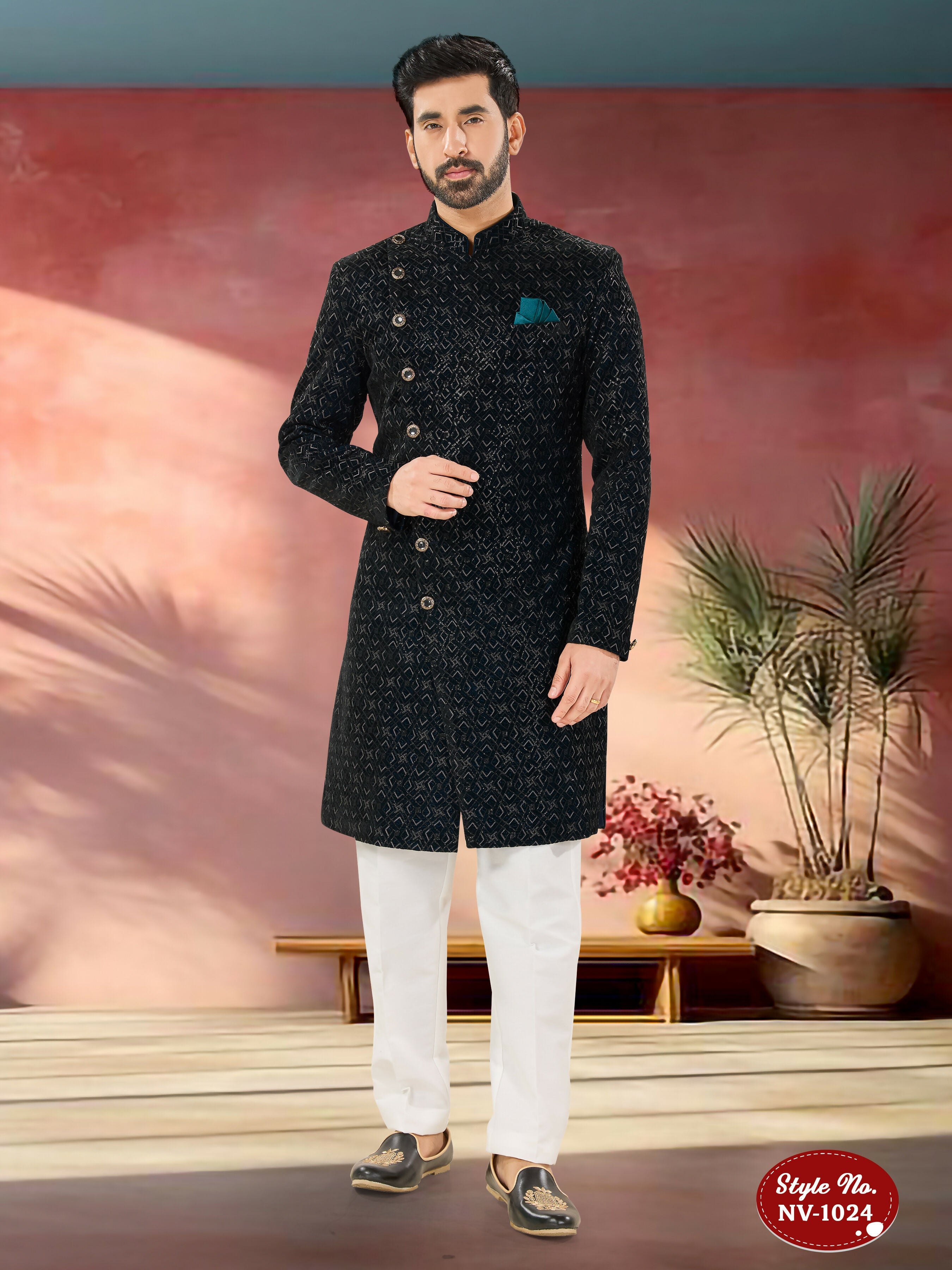 Joban Fashion Men's Blue Base Straight Velvet Thread And Sequence Embroidary All Over Indo-Western Kurta Set