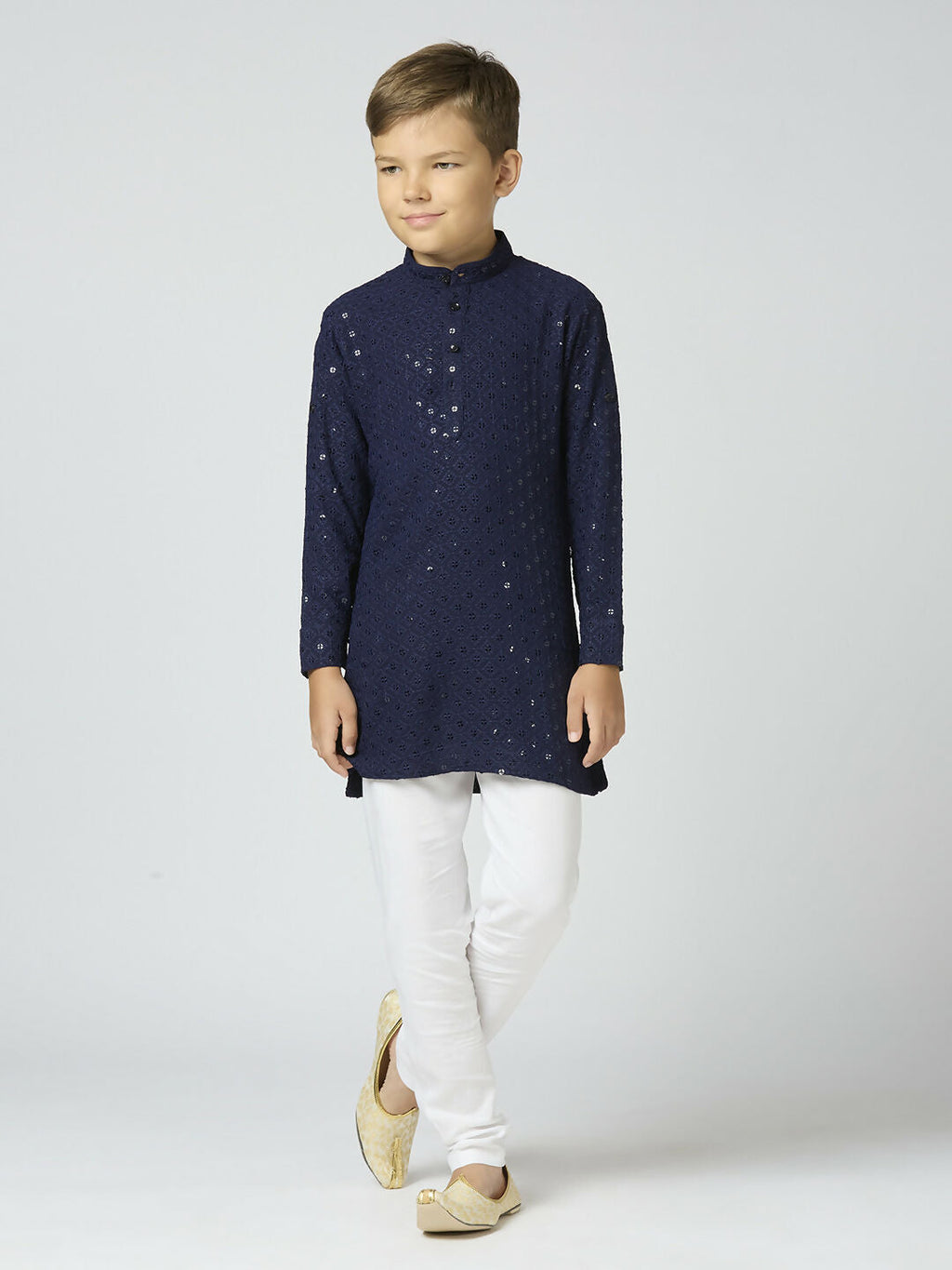 Joban Fashion Kids Island Full Sleeves Cotton Kurta and Pyjama Set with Sequin work - Navy Blue - Distacart