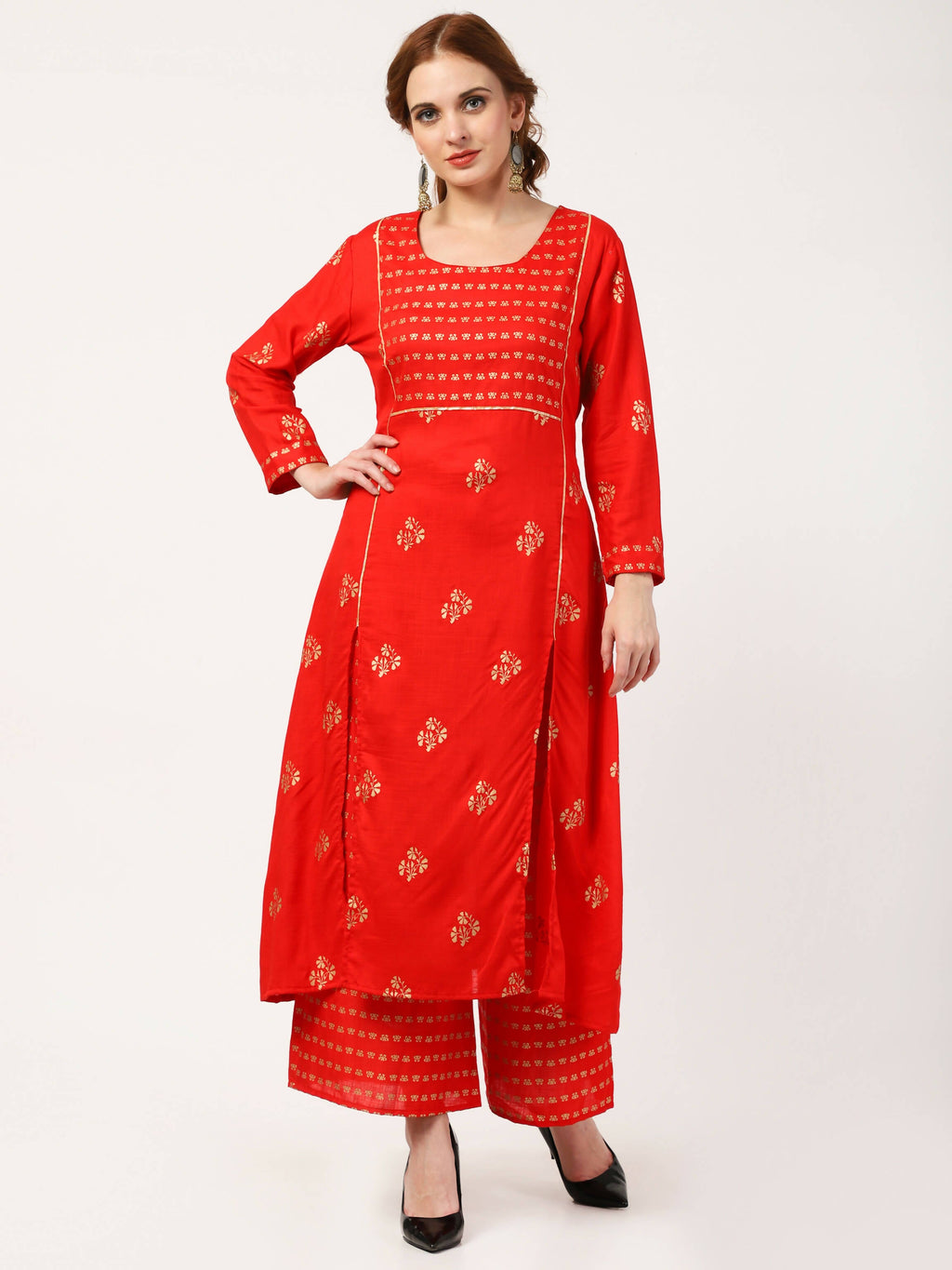 Cheera Embellished Daily Wear Cotton Blend Kurta With Palazoo - Red