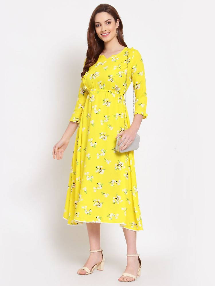 Myshka Women's Yellow Printed Cotton 3/4 Sleeve Round Neck Casual Dress