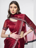 Maroon Burburry silk Swarovski Designer Work Saree - Shezlin