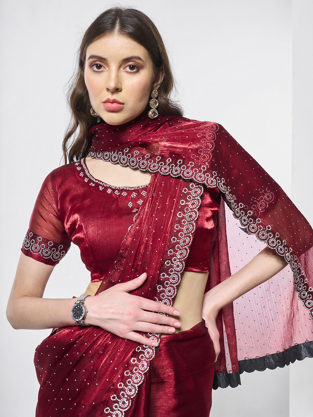 Maroon Burburry silk Swarovski Designer Work Saree - Shezlin