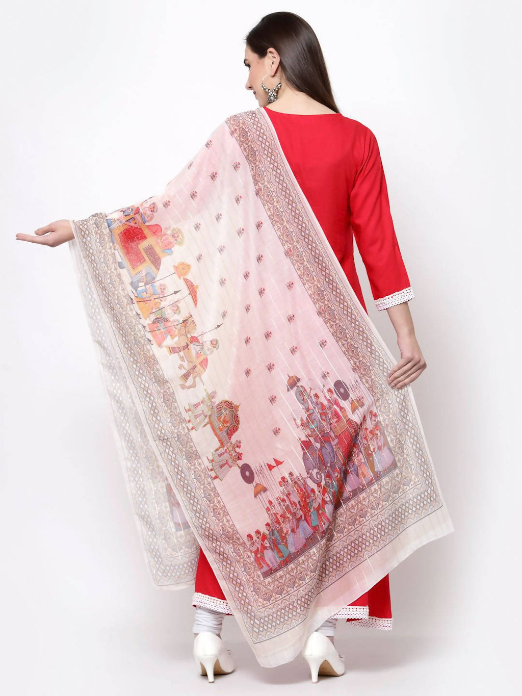 Myshka Pink Cotton Solid 3/4 Sleeve V Neck Casual Kurta Dupatta Set