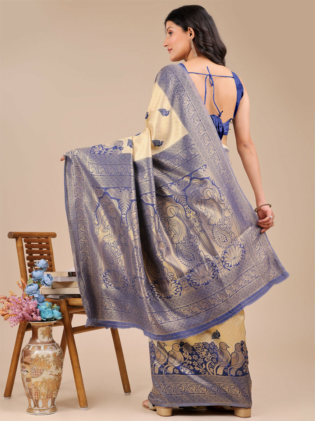 Shree Shyam Fashion Banarasi Silk Cream & Navy Blue Saree - Distacart