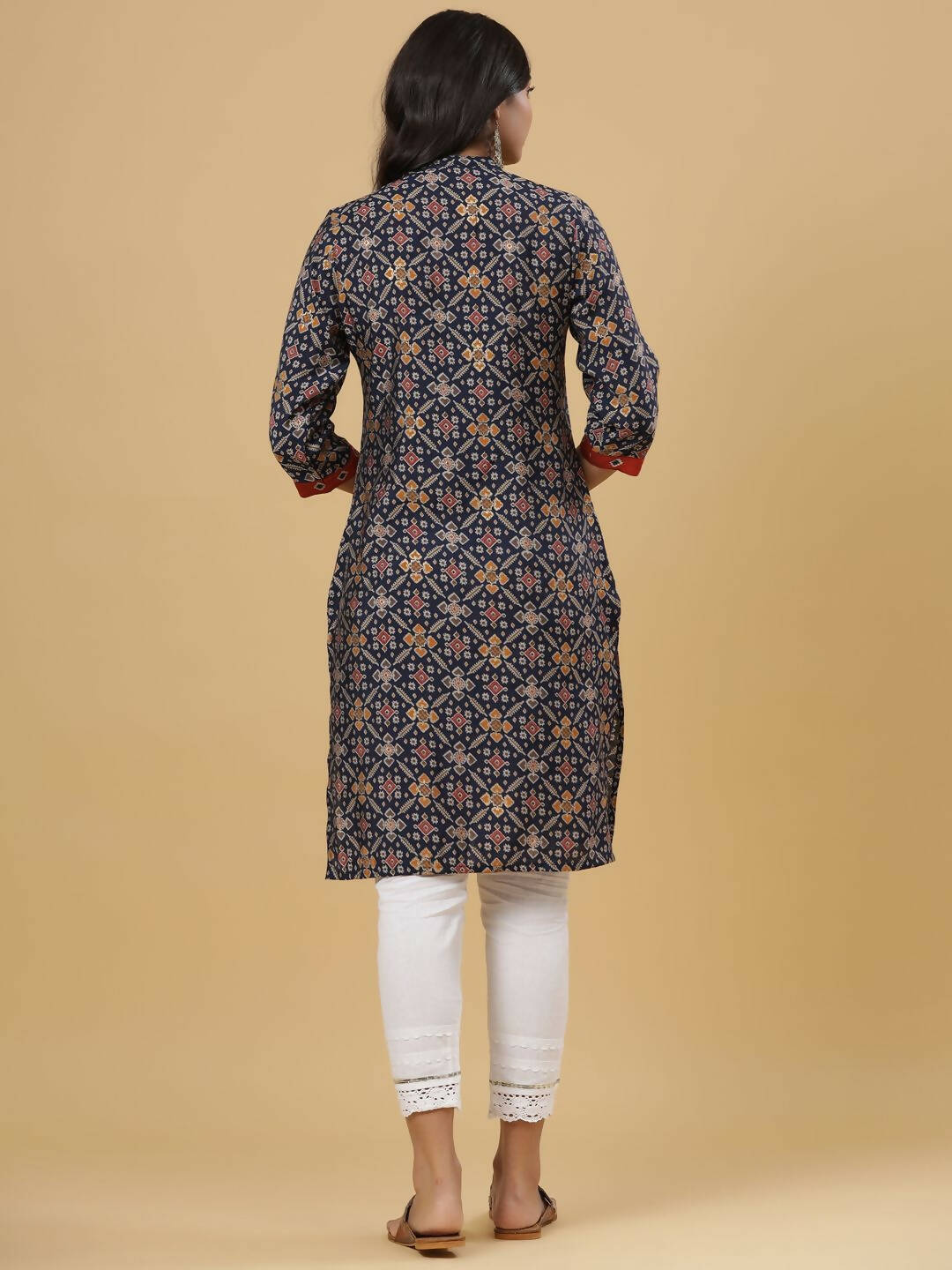 Juniper Women's Navy Printed Straight Knee Length Kurta - Distacart