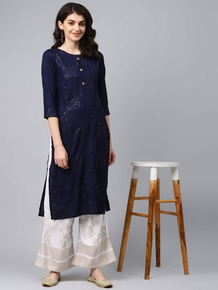 Yufta Women Navy Blue & White Solid Kurta with Palazzo