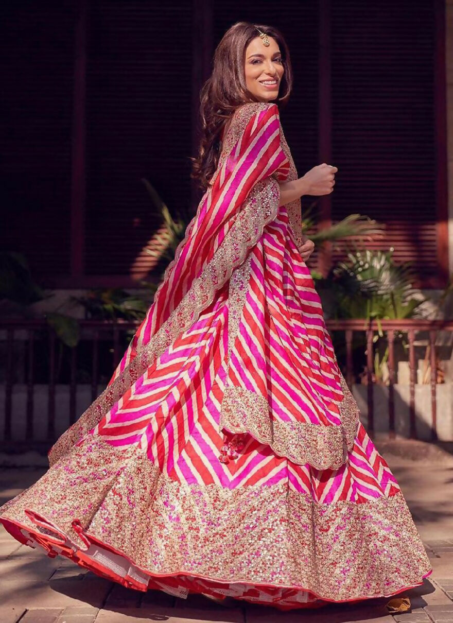 Jyoti Fashion Red & Pink Digital Print with Sequin Codding Embroidered Georgette Lehenga Choli with Dupatta