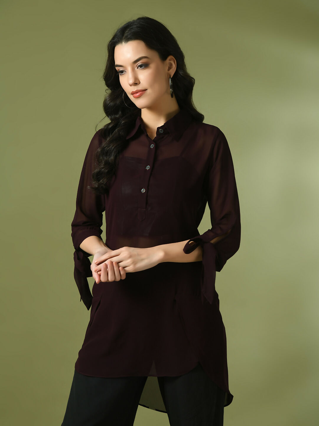 Myshka Women's Coffee Brown Solid Georgette Longline Party Sheer Tunic