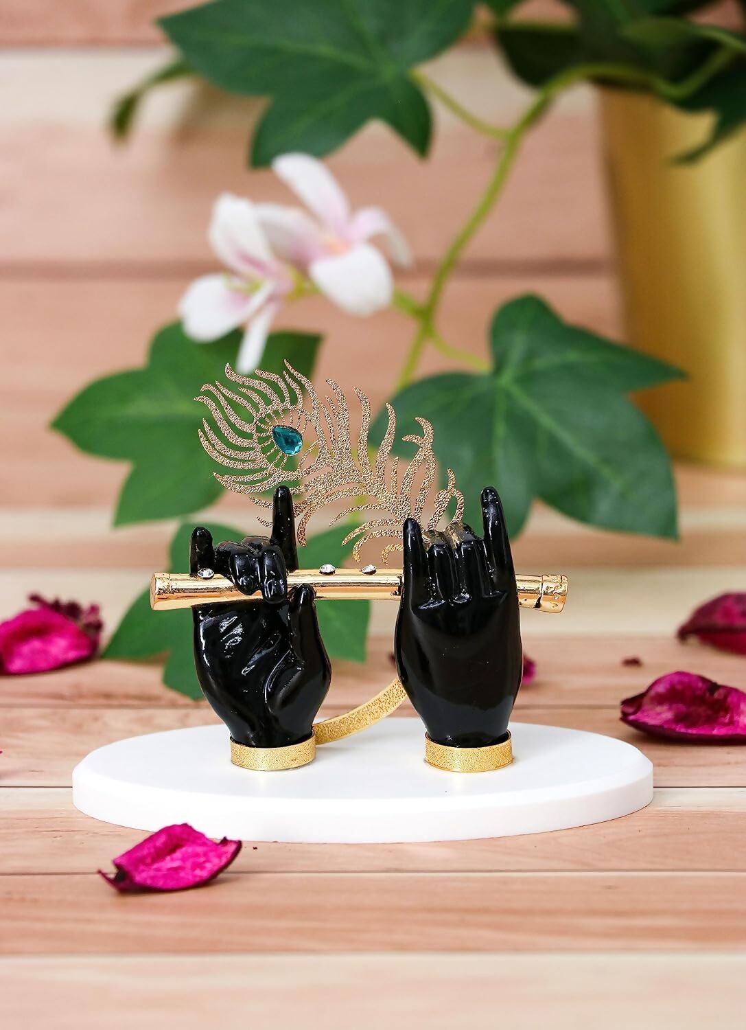 House Of Wemy Gold-Polished Lord Krishna Hands Idol with Flute and Pecock Feather - Black