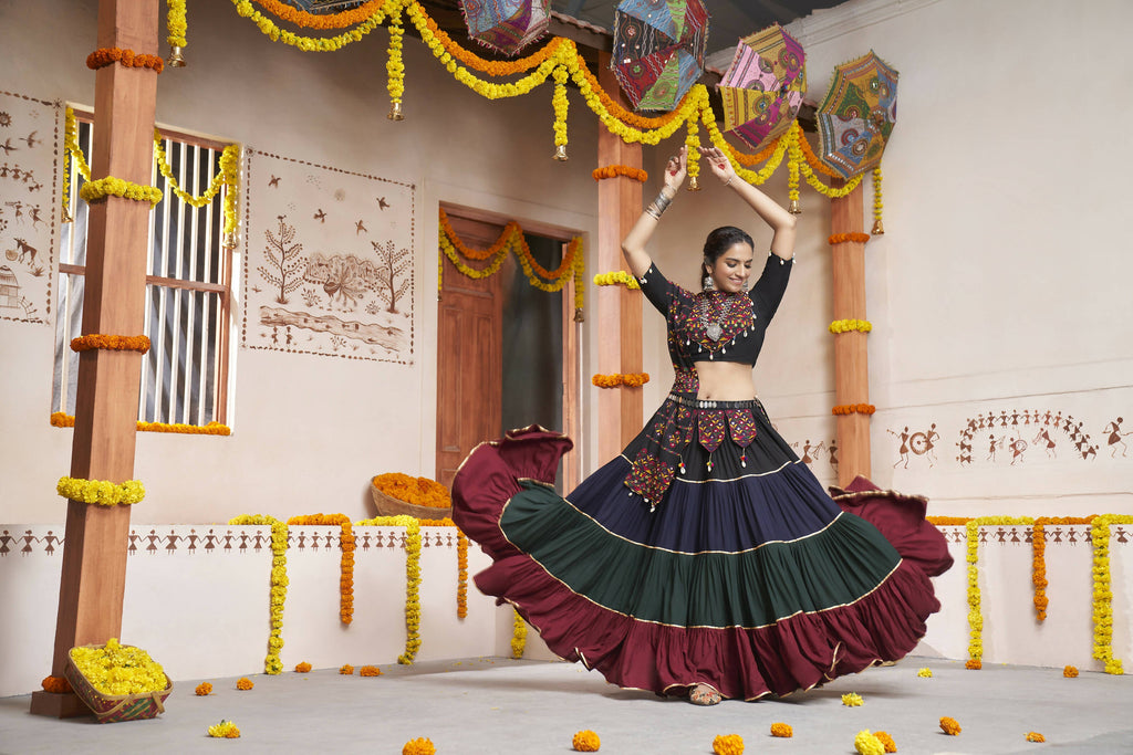Multi Color Viscose Rayon Thread Embroidery with mirror work Navratri Lehenga Choli with Dupatta - Raas