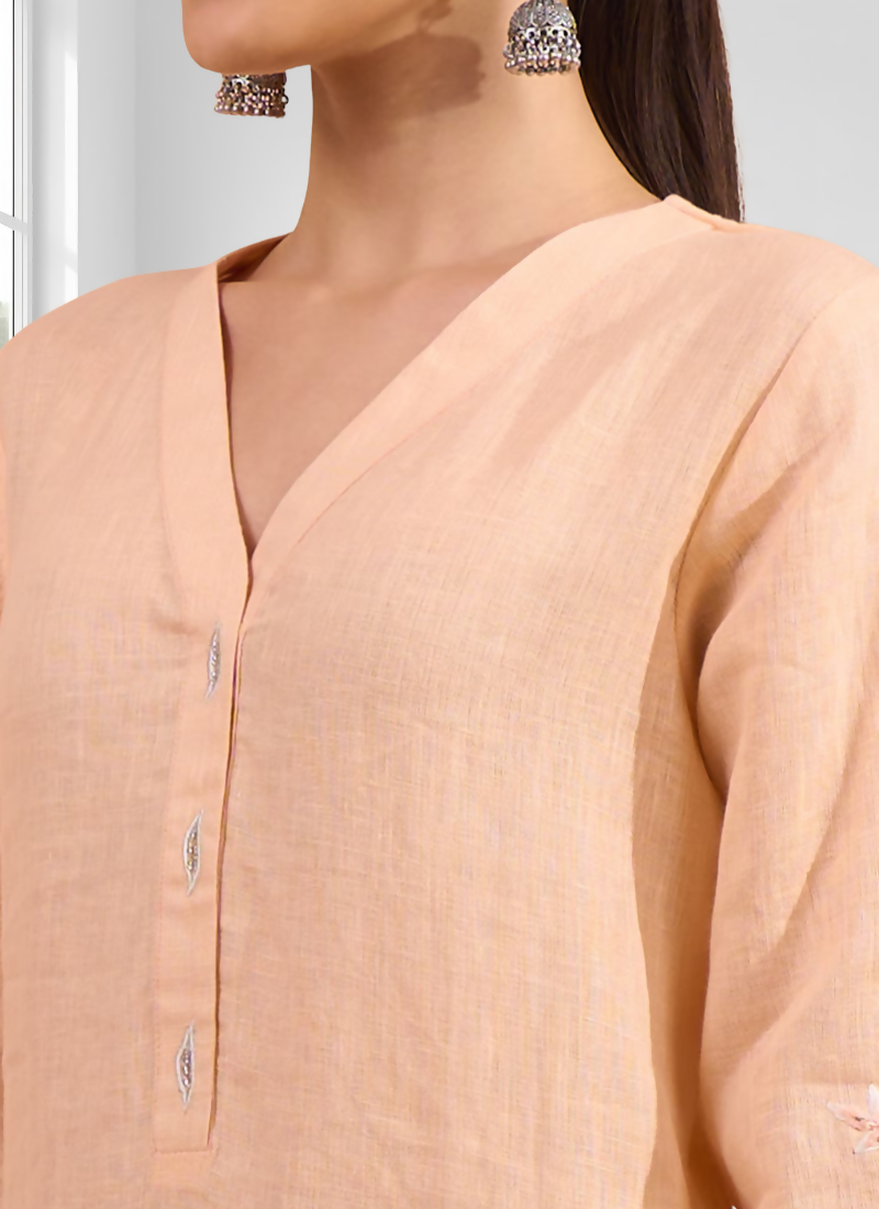Joban Fashion Coral Linen Embroidered Readymade Long Kurta With Pant - Distacart