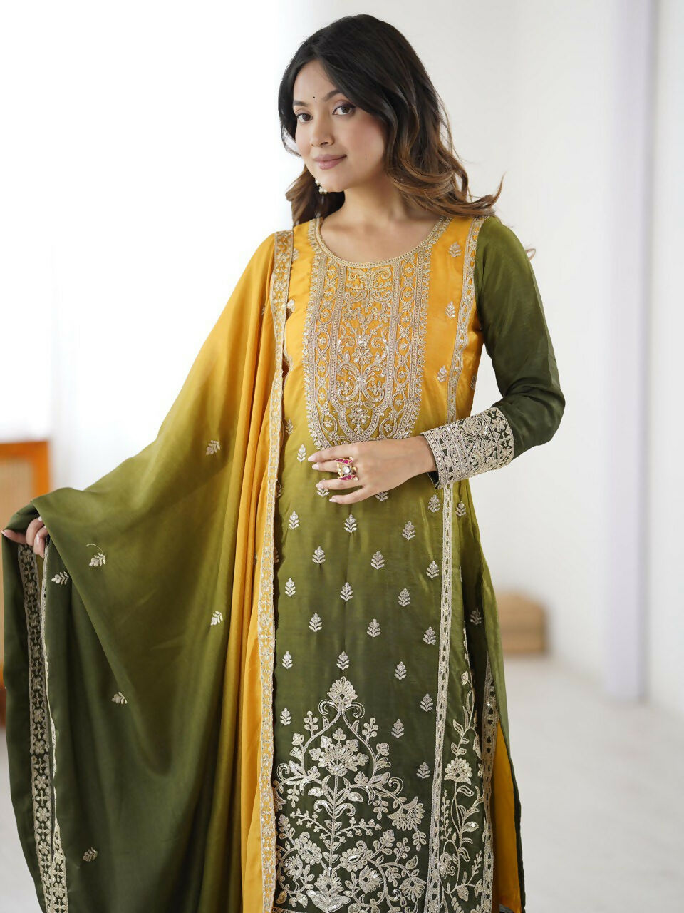 The52 Women's Gorgeous Chinon silk Fabric Embroidery Work Straight Kurta Palazzo and Dupatta Set - Distacart