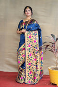 Jyoti Fashion Women's Navy Blue Paithani Silk Zari Woven Saree with Blouse