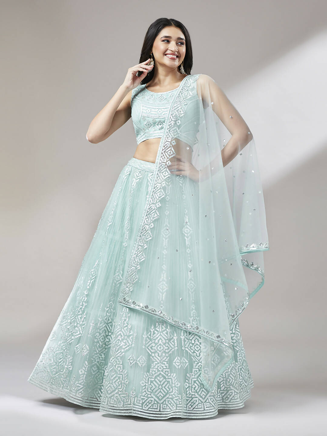 House of Panchhi Turquoise Blue Net Gotapatti Work Lehenga & Blouse, Dupatta