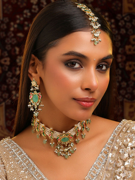 Ruby Raang Rajkumari Necklace With Earrings And Maang Tikka