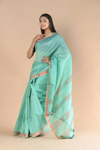 Very Much Indian Handloom Cotton Silk Maheshwari Saree With Sleek Golden Border - Teal Green