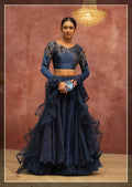 Blue Net, Fancy Lycra Semi-Stitched Bridal Lehenga - Nimaya Bonanza