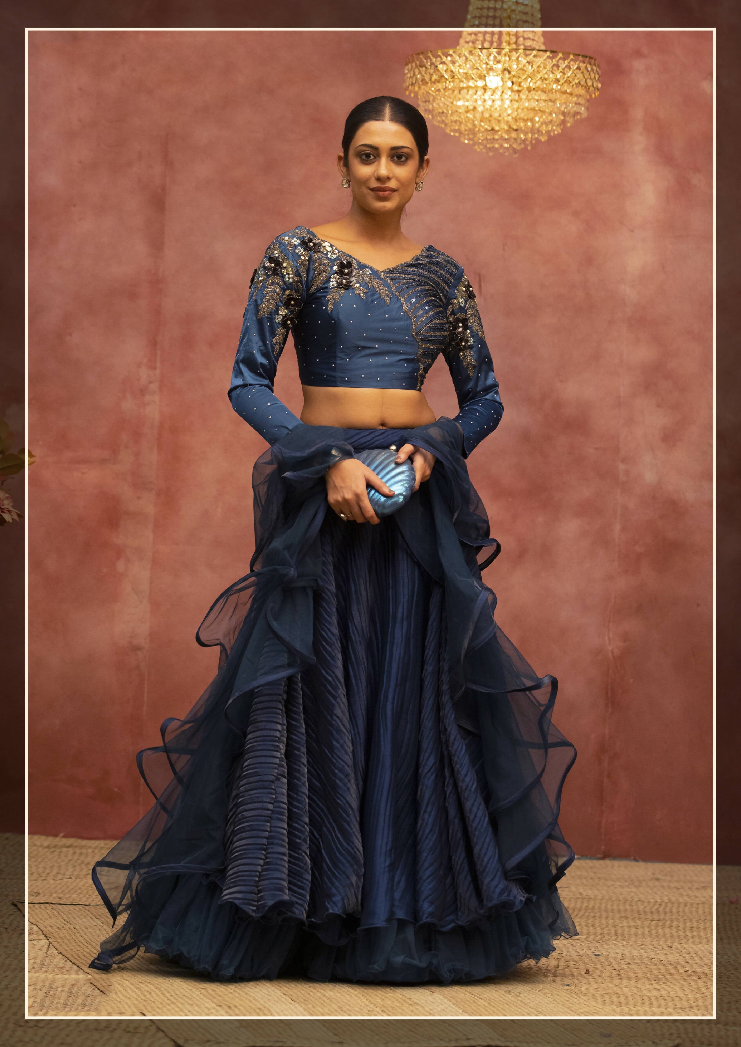 Blue Net, Fancy Lycra Semi-Stitched Bridal Lehenga - Nimaya Bonanza
