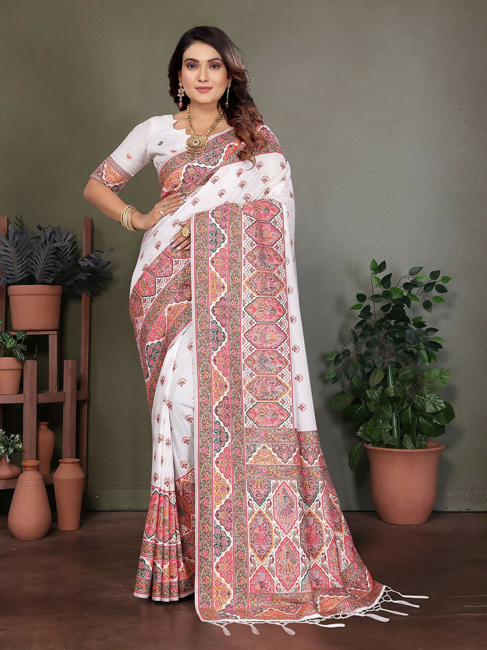 Joban Fashion White Thread Woven Pashmina Sarees