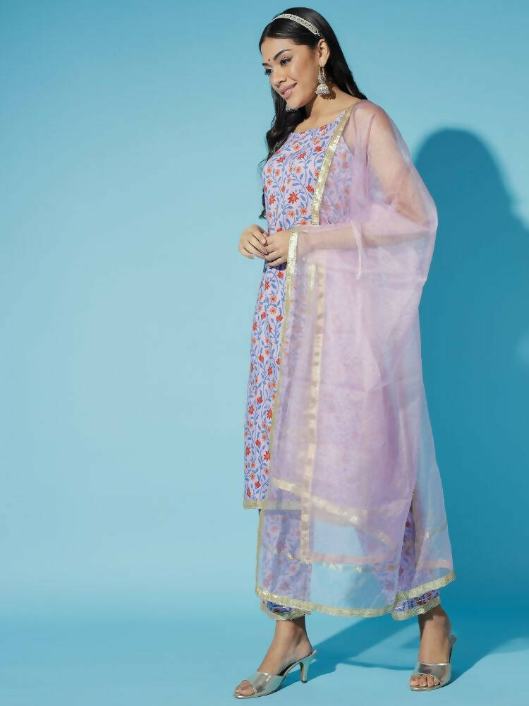 Myshka Women Printed Lavender Kurta & Trousers With Dupatta - Distacart