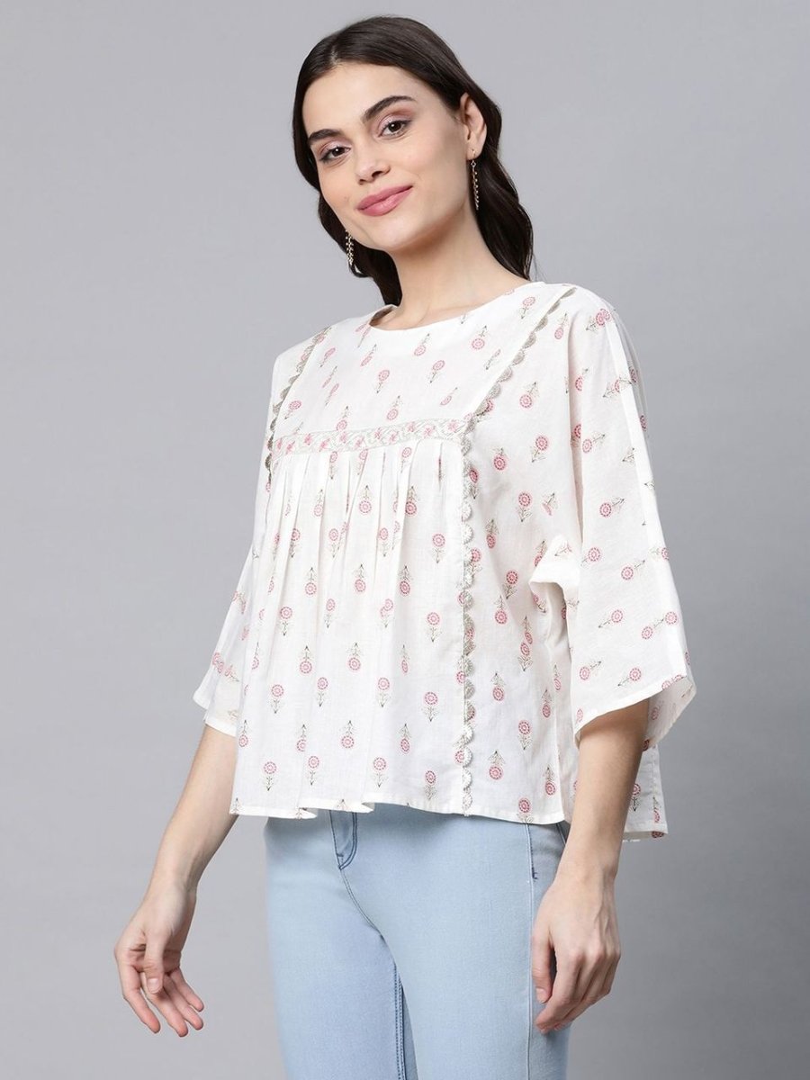 Ahalyaa Off White Pure Cotton Floral Printed Tunic - Distacart