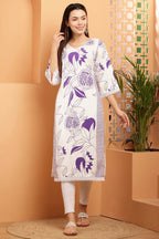 Cheera Women Stylish Hand Block Printed Cotton Blend Flared Kurta - Off White