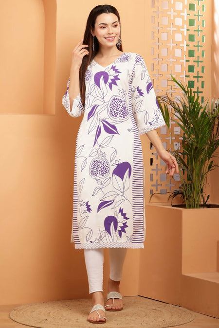 Cheera Women Stylish Hand Block Printed Cotton Blend Flared Kurta - Off White