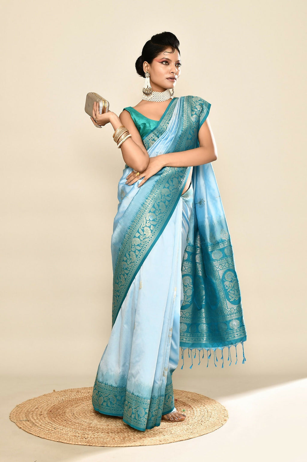 Joban Fashion Sky Blue & Rama Plain With Weaving Border Banarasi Silk Sarees
