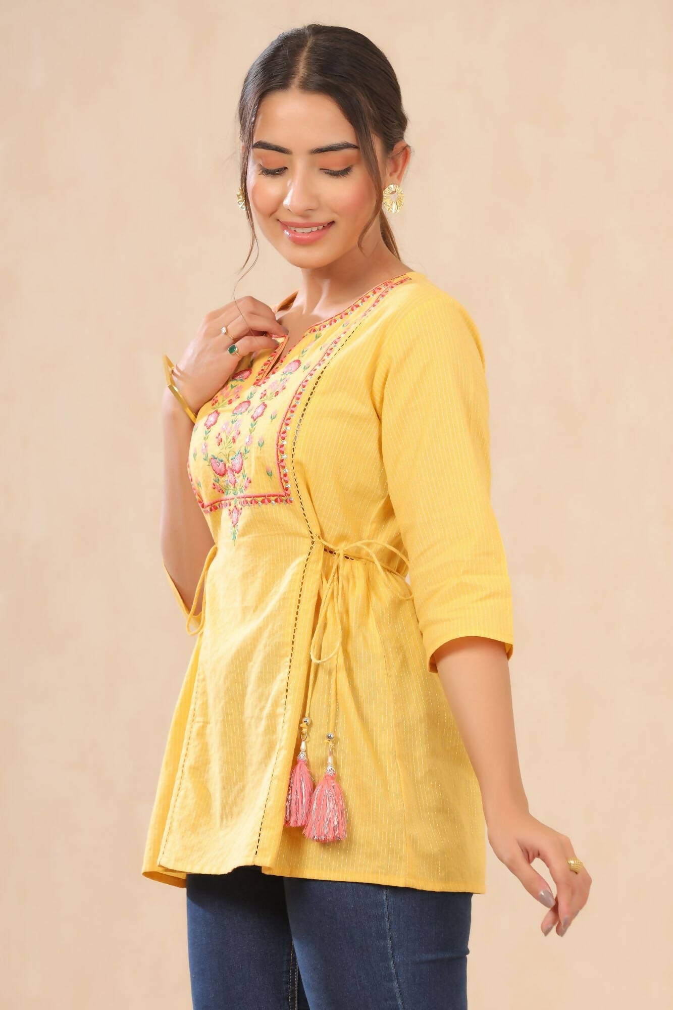 Juniper Women Yellow Cotton Dobby Embroidered A-Line Tunic - Distacart