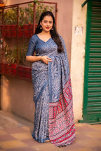 Grey Silk Blend Ajrak Saree with Unstitched Blouse - Hiral Fashion