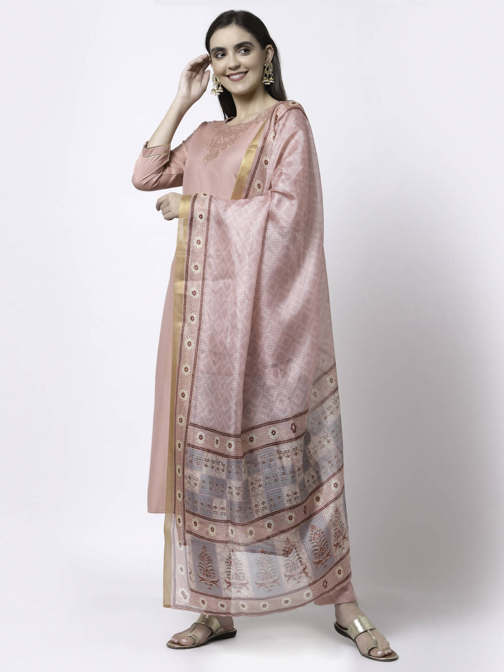 Myshka Women Peach Silk Blend Embroidered 3/4 Sleeve Round Neck Kurta Pant Dupatta Set