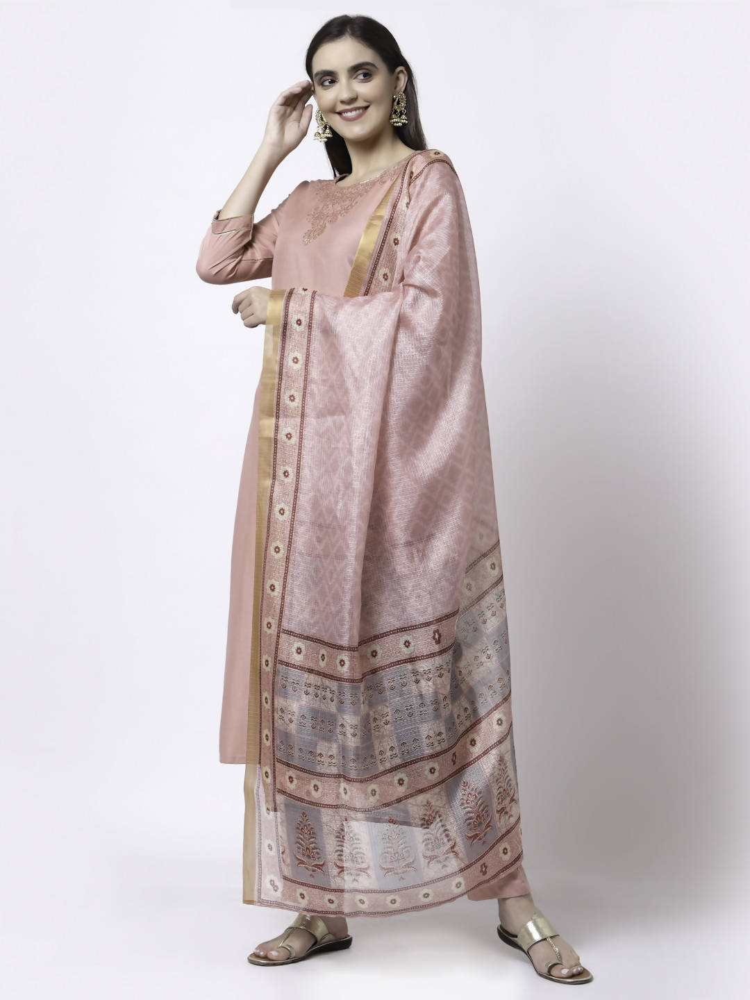 Myshka Women Peach Silk Blend Embroidered 3/4 Sleeve Round Neck Kurta Pant Dupatta Set