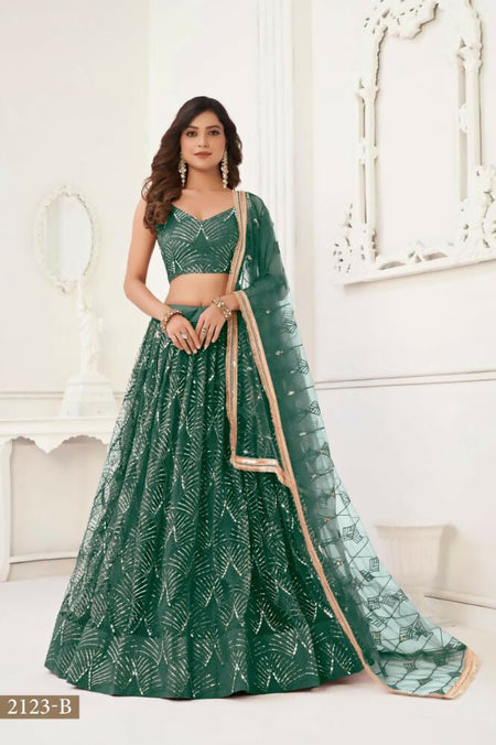 Aastha Fashion Bottle Green Butterfly Net Tone To Tone Thread Work, Sequence Work And Original Mirror Work Embroidery Wedding Wear Lehenga Choli
