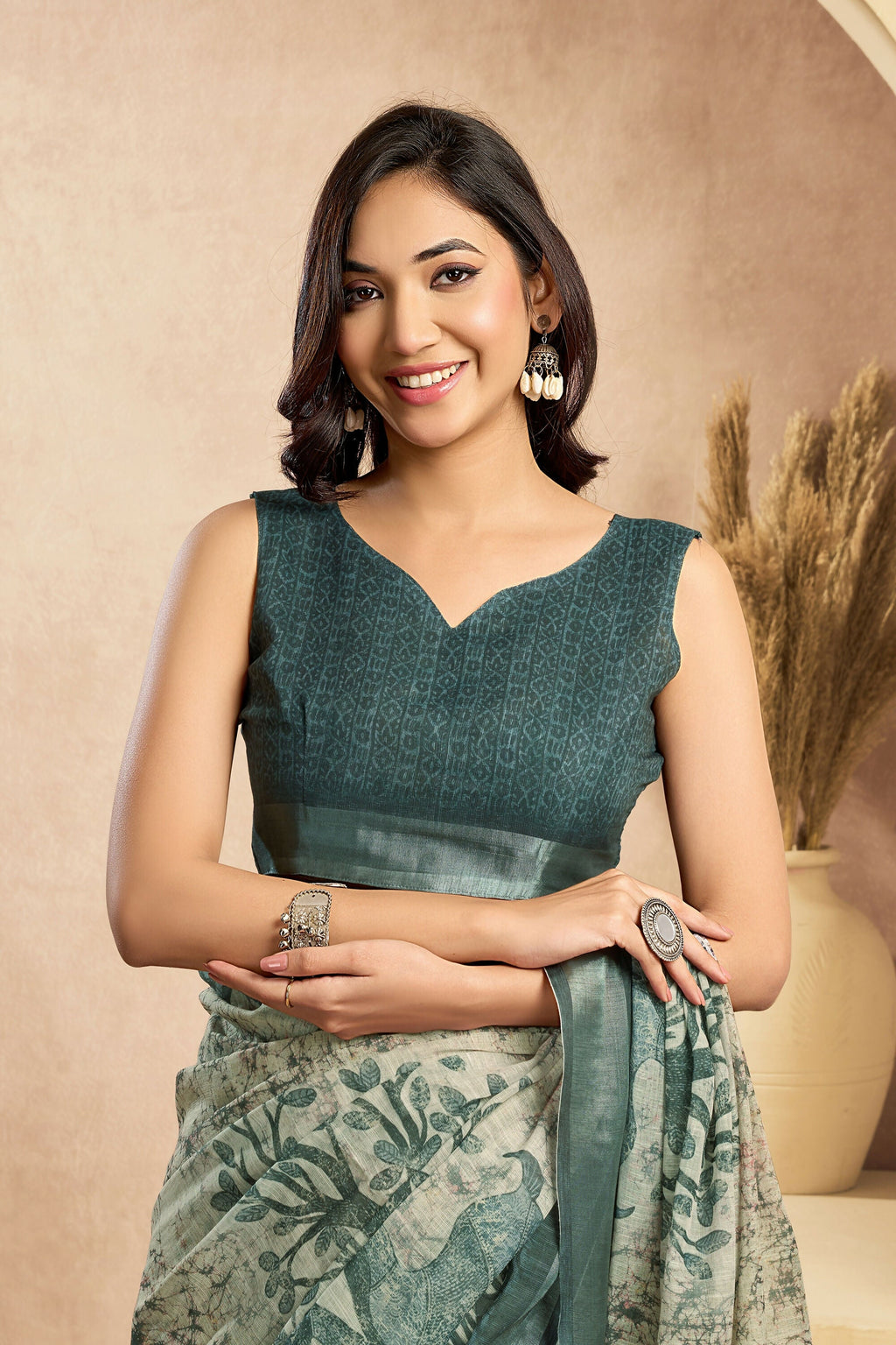 Vastranavya Digital Printed Linen Ready To Wear Designer Saree with Unstitched Blouse - Distacart