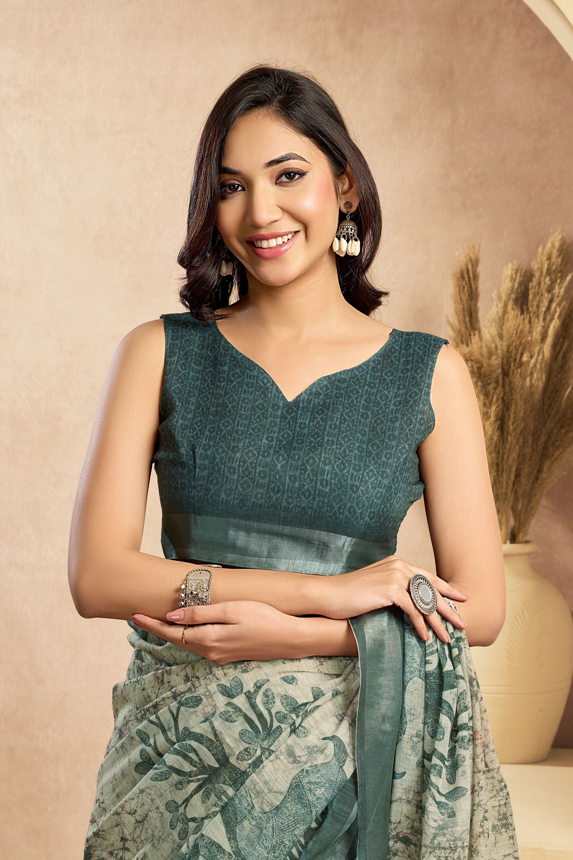 Vastranavya Digital Printed Linen Ready To Wear Designer Saree with Unstitched Blouse - Distacart