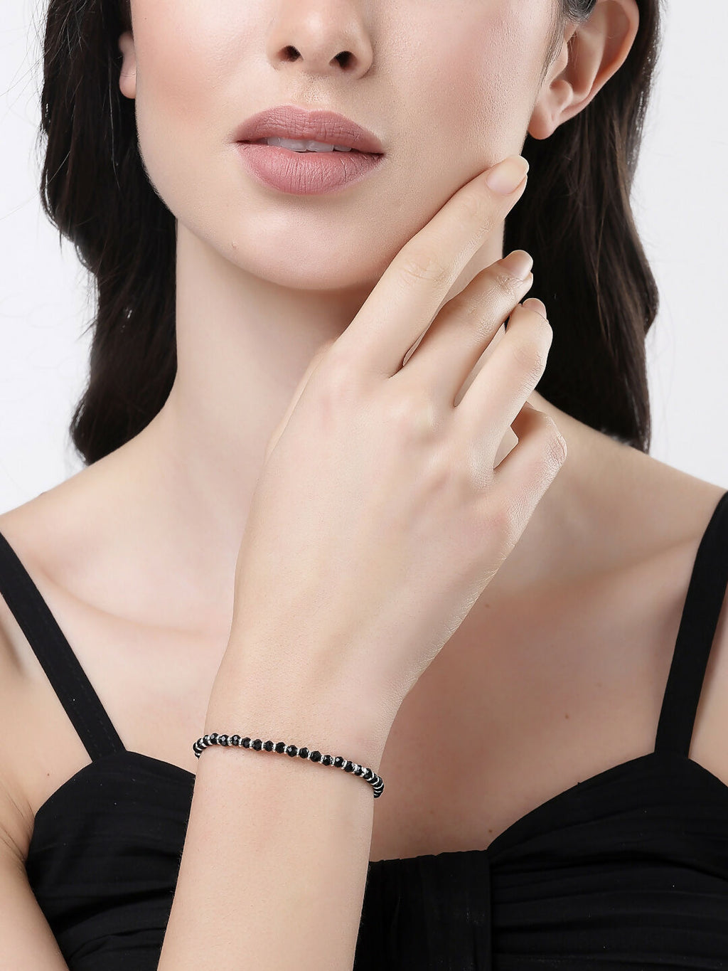 NVR Women Silver-Toned Black Brass Rhodium-Plated Link Bracelet - Distacart