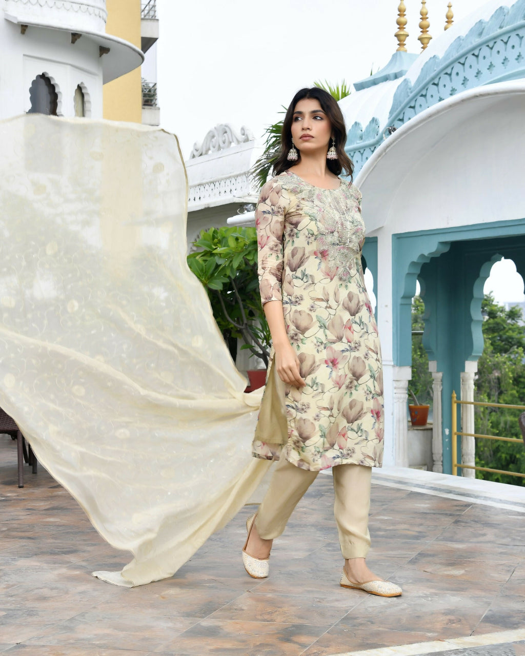Vaasva Women's Cream Tissue Embroidered Suit Set With Solid Pant And Embroidered Dupatta
