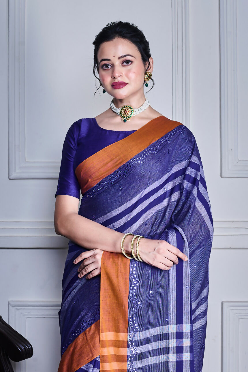 Morchari Sky Blue Cotton Handloom Mirror Work Saree Unstitched Blouse - Distacart