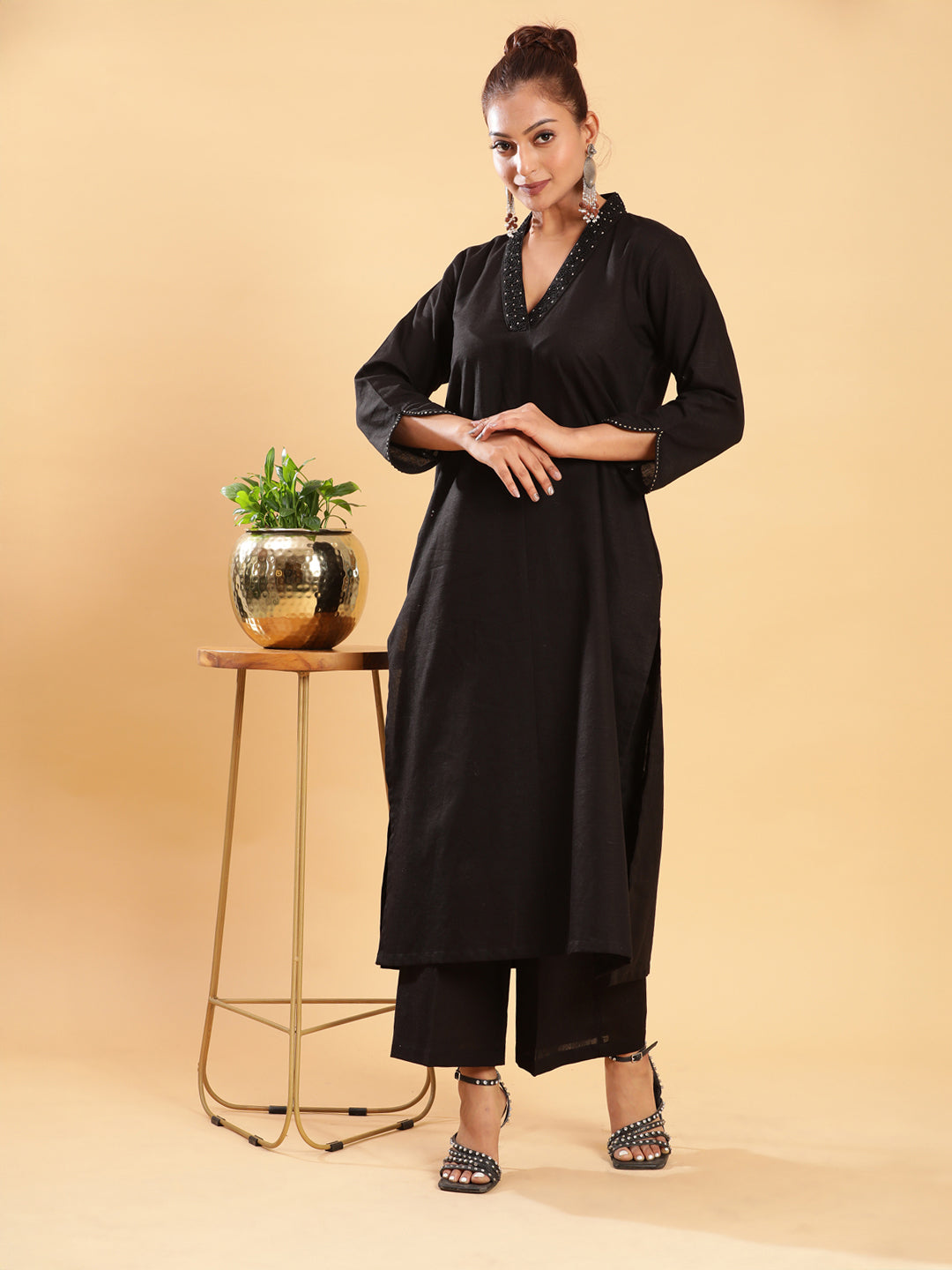 BohoJazz Classic Signature Hand-Embroidered Kurta Pant - Black - Distacart
