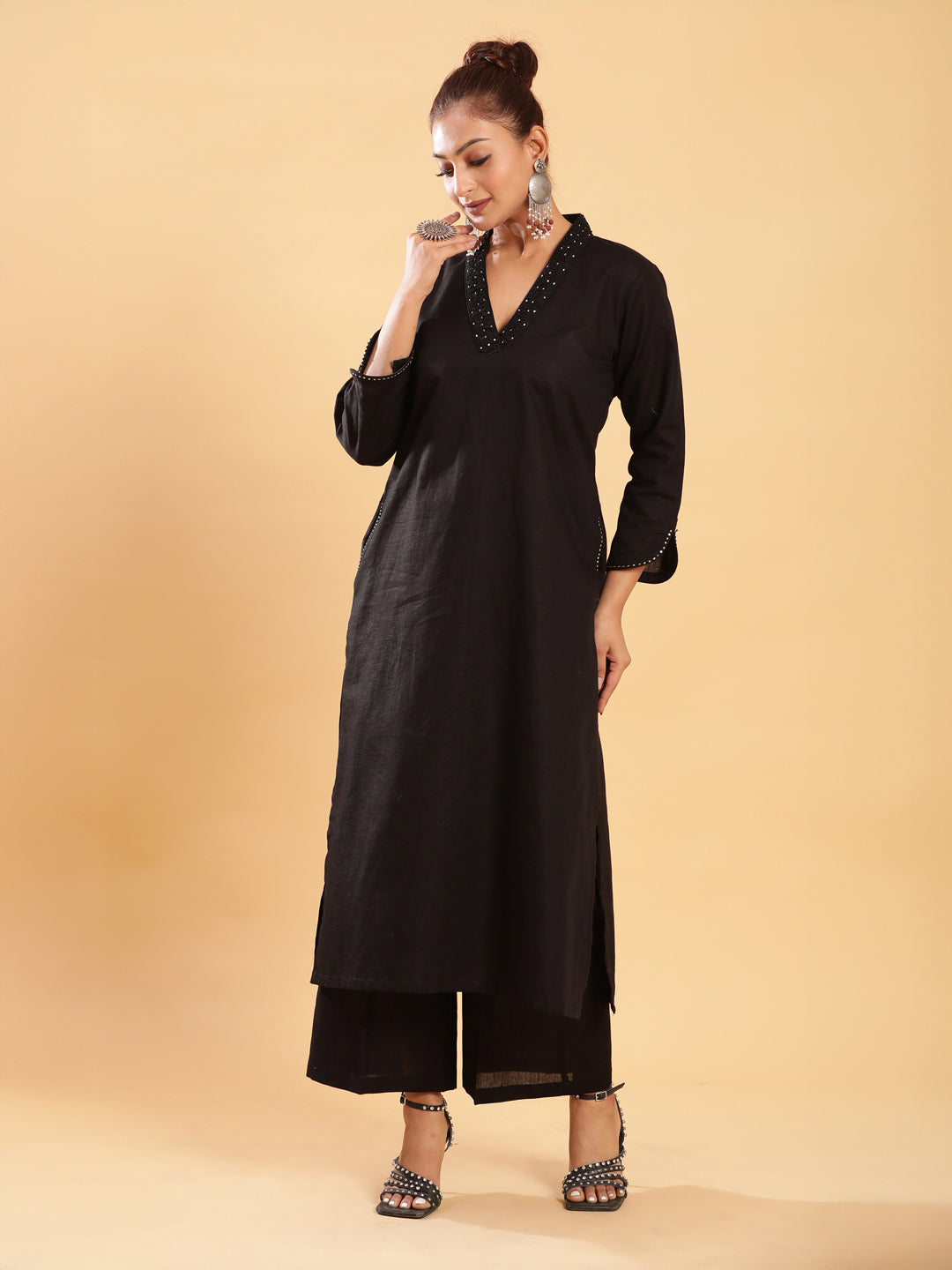 BohoJazz Classic Signature Hand-Embroidered Kurta Pant - Black - Distacart