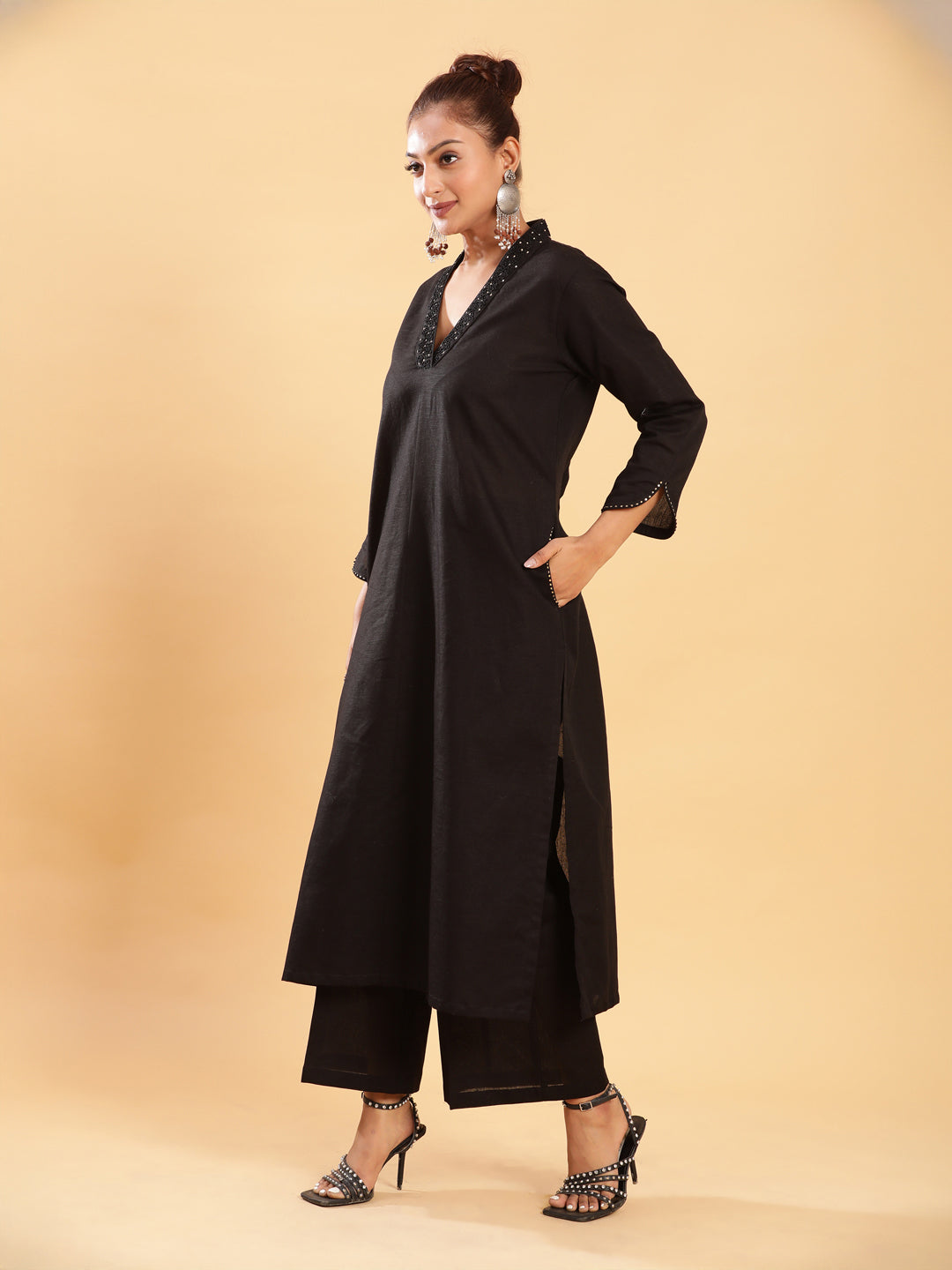 BohoJazz Classic Signature Hand-Embroidered Kurta Pant - Black - Distacart