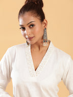 BohoJazz Classic Signature Hand-Embroidered Kurta Pant - White - Distacart