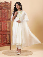 BohoJazz Nazm Embroidered Kurta Pants with Dupatta - Ivory - Distacart