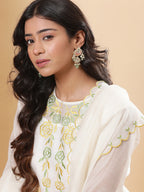 BohoJazz Nazm Embroidered Kurta Pants with Dupatta - Ivory - Distacart