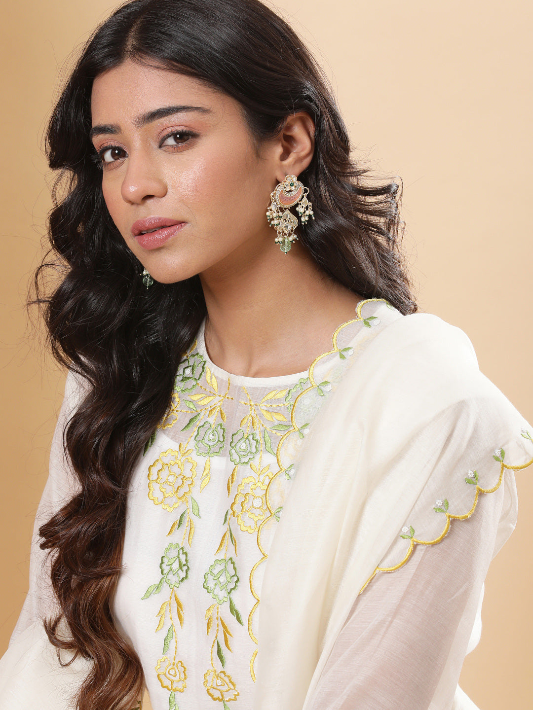 BohoJazz Nazm Embroidered Kurta Pants with Dupatta - Ivory - Distacart