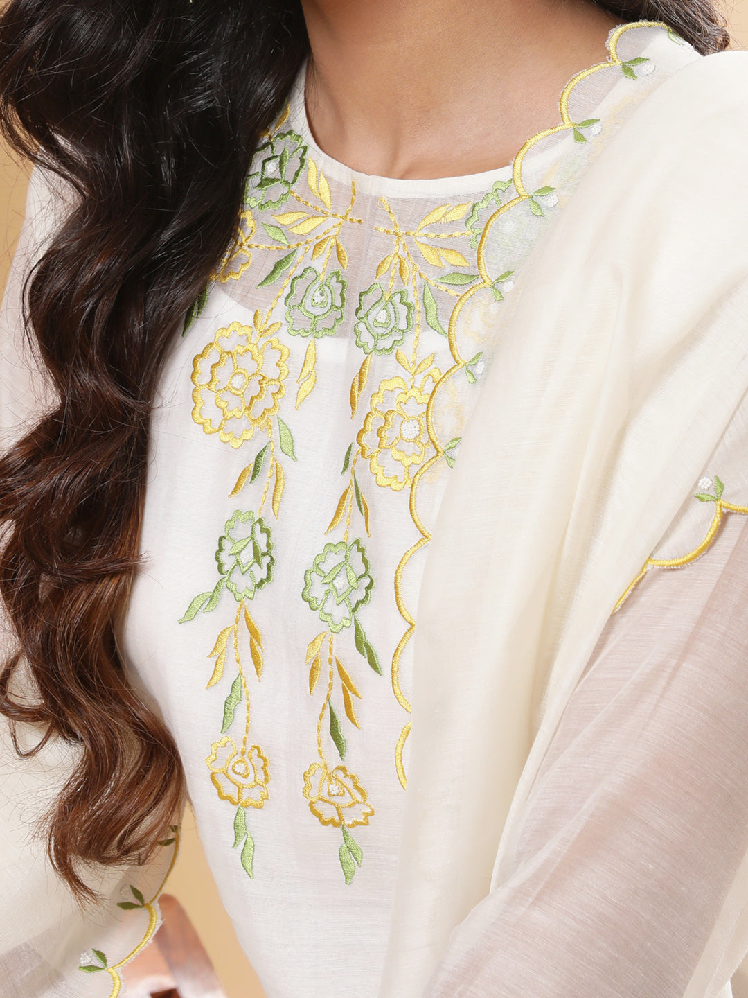 BohoJazz Nazm Embroidered Kurta Pants with Dupatta - Ivory - Distacart