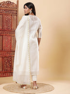 BohoJazz Nazm Embroidered Kurta Pants with Dupatta - Ivory - Distacart